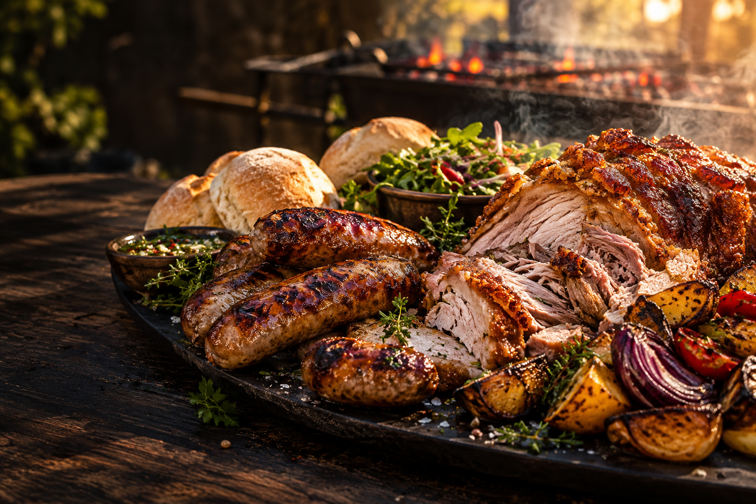 A generous flame-grilled feast with roast pork, sausages, bread and vegetables